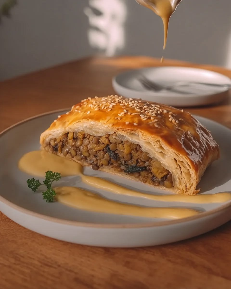 Wild mushroom wellington with a glossy red wine jus